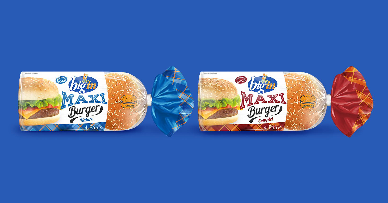 Gamme de deux packagings maxi burger nature et complet Big’In, vue de face, sur fond bleu
