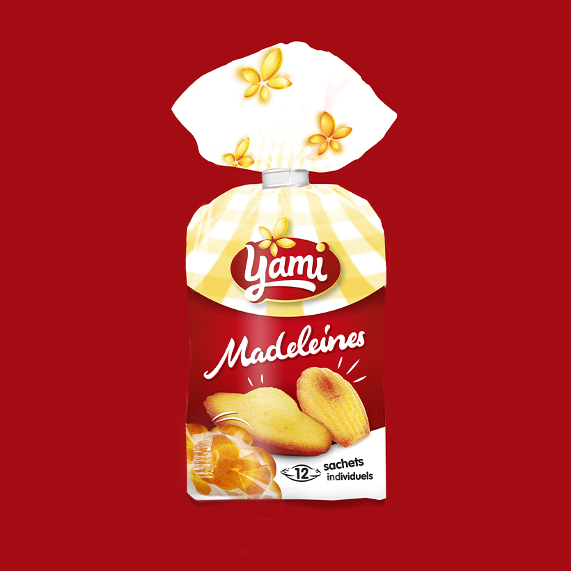 Packaging Yami, madeleines sur fond rouge