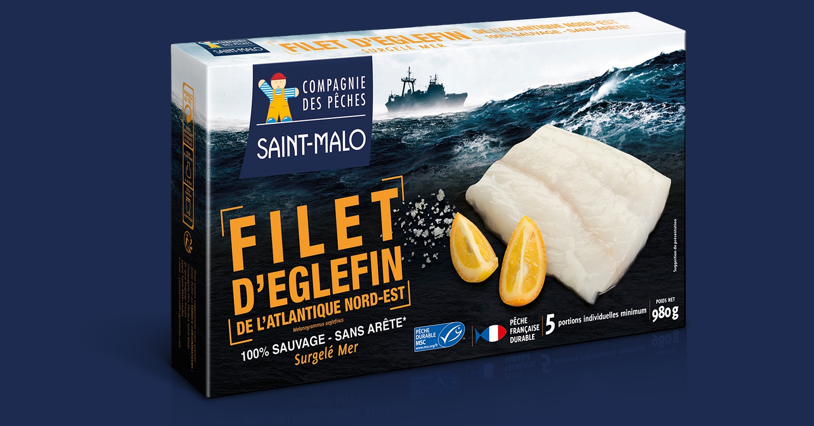 Packaging Compagnie des pêches Saint Malo, vue de face, sur fond bleu