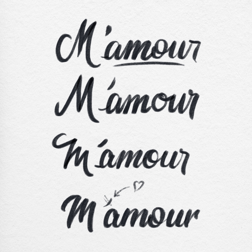 Esquisse logo M’amour Guy Lesueur, feutre noir sur feuille blanche