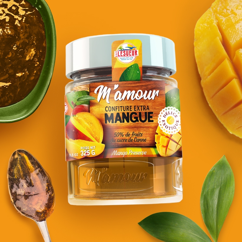 Packaging M’amour Guy Lesueur, confiture extra mangue, avec cuillère et mangue, vue de dessus