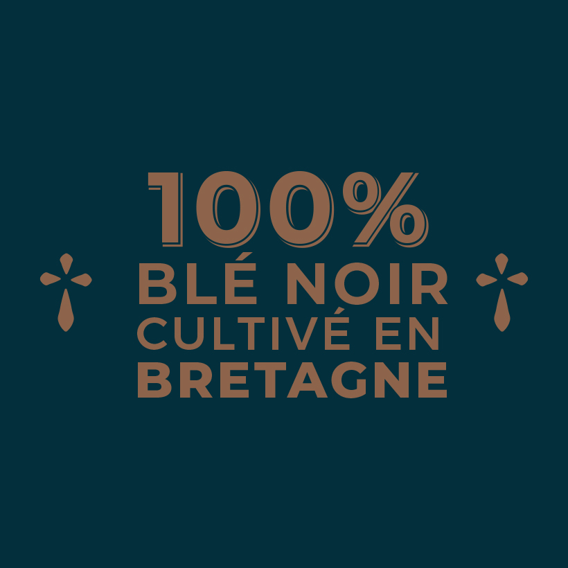 Typographie 100% blé noir cultivé en Bretagne, brun sur fond bleu foncé