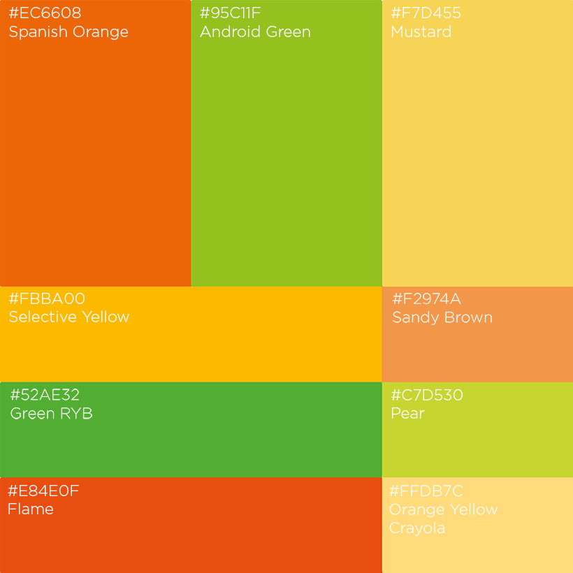 Gamme chromatique Avec Autisme, neuf déclinaisons de vert, orange et jaune, avec le nom des couleurs inscrit en blanc et leur code hex