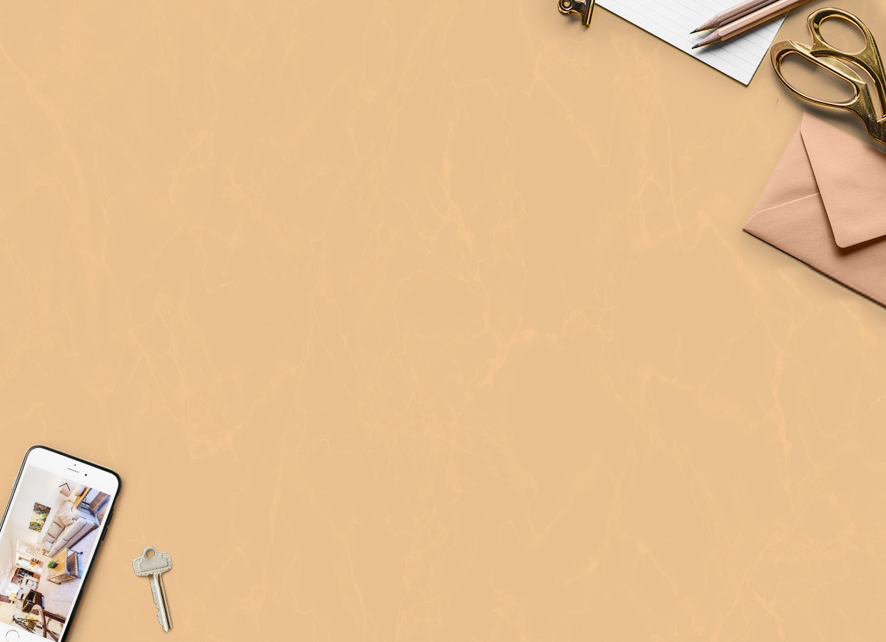 Illustration d’ambiance Cabinet De Charry, avec une clé, une enveloppe et un téléphone portable, sur fond beige