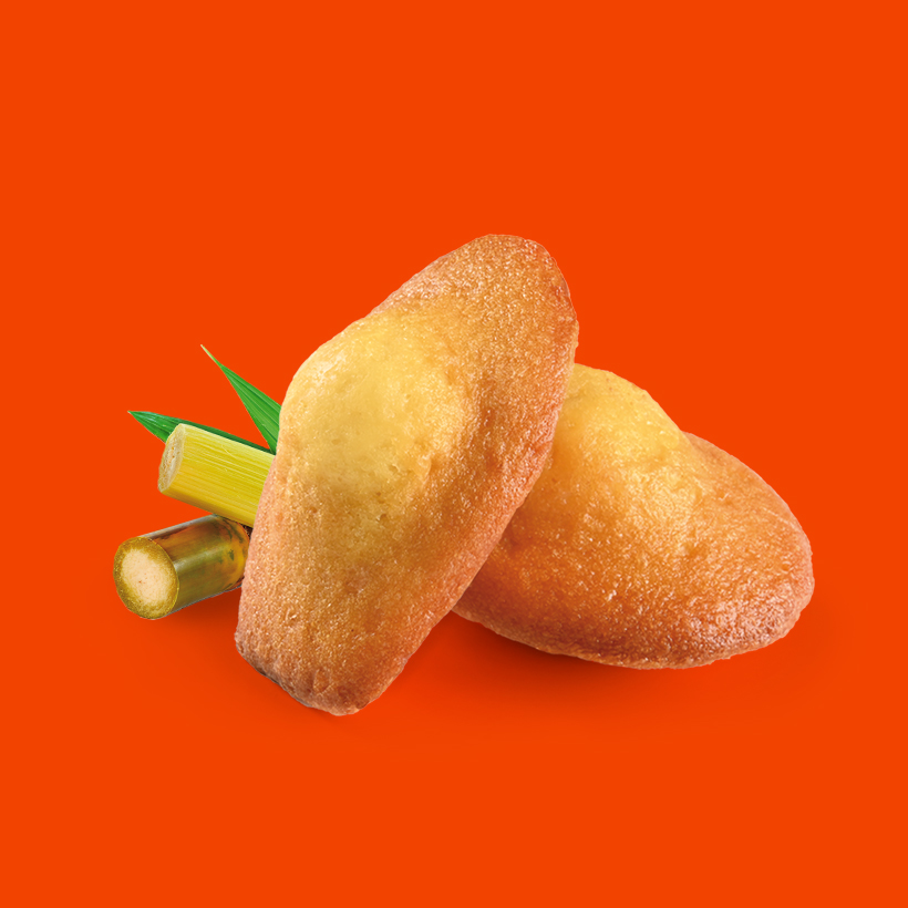 Photo culinaire deux madeleines et sucre de canne Big’In, sur fond orange