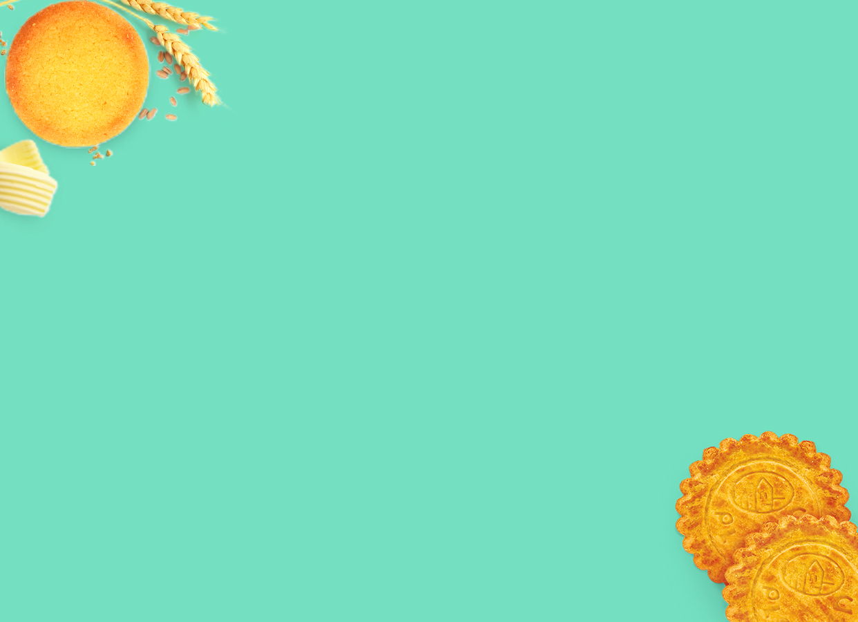 Illustration d’ambiance Plyeben, biscuits, beurre et épi de blé sur fond turquoise