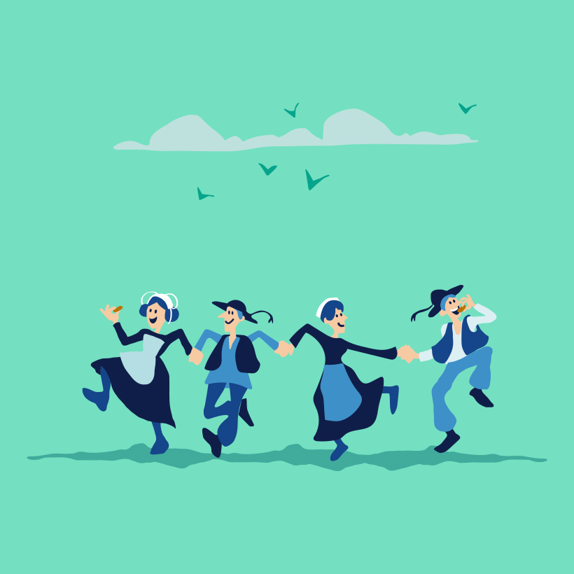 Illustration quatre danseurs bretons Pleyben, sur fond turquoise