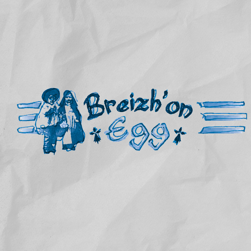 Esquisse nouveau logo Breizh’on Egg, au crayon bleu sur papier blanc