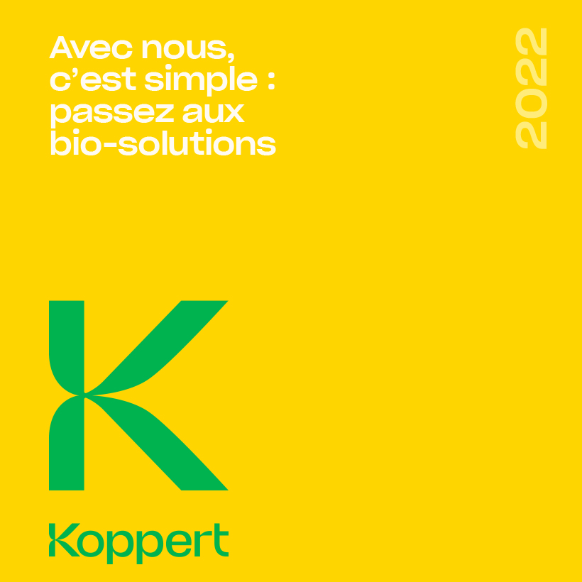 Élément marketing Koppert, 2022, texte blanc sur fond jaune