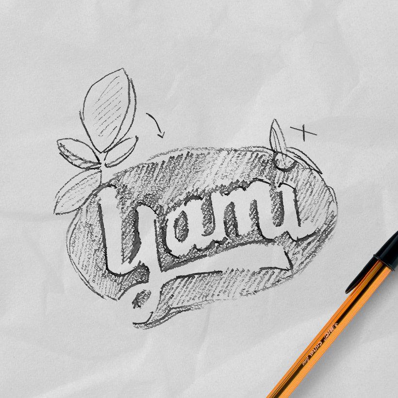 Esquisse logo Yami, au stylo bille, sur papier blanc