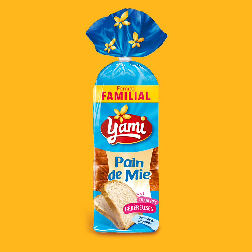 Packaging Yami, pain de mie familial, sur fond jaune, vue de face