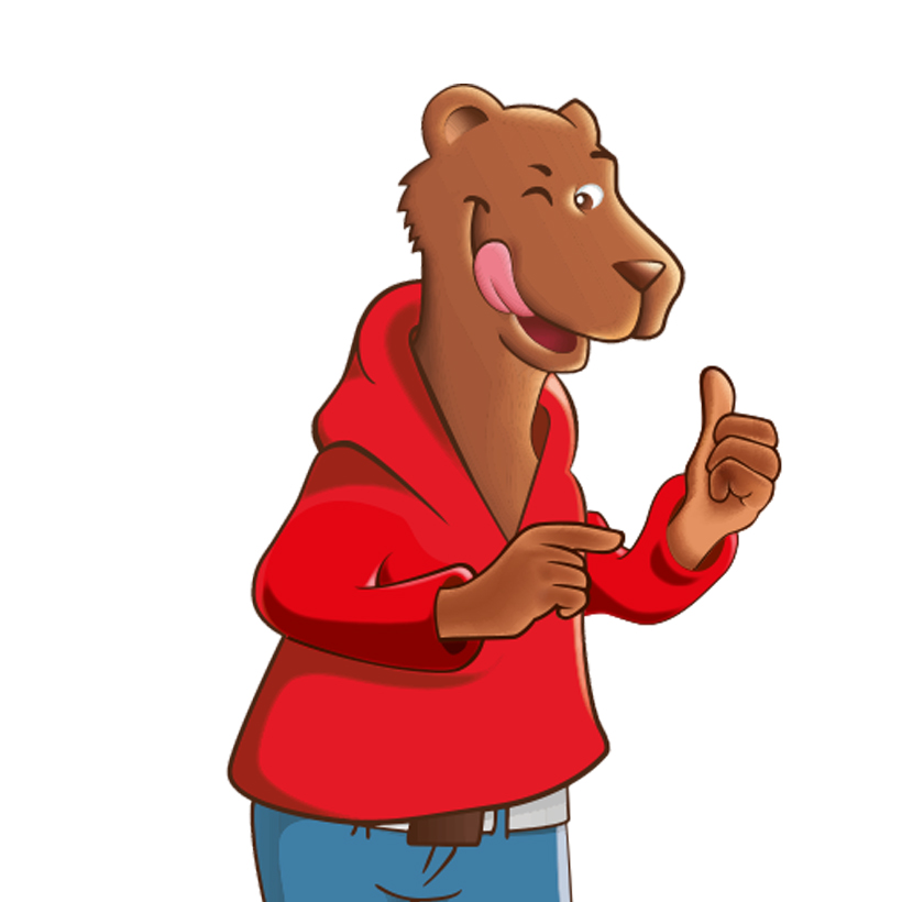 Élément graphique Yami, ours avec un sweat à capuche rouge et un jean bleu, sur fond blanc