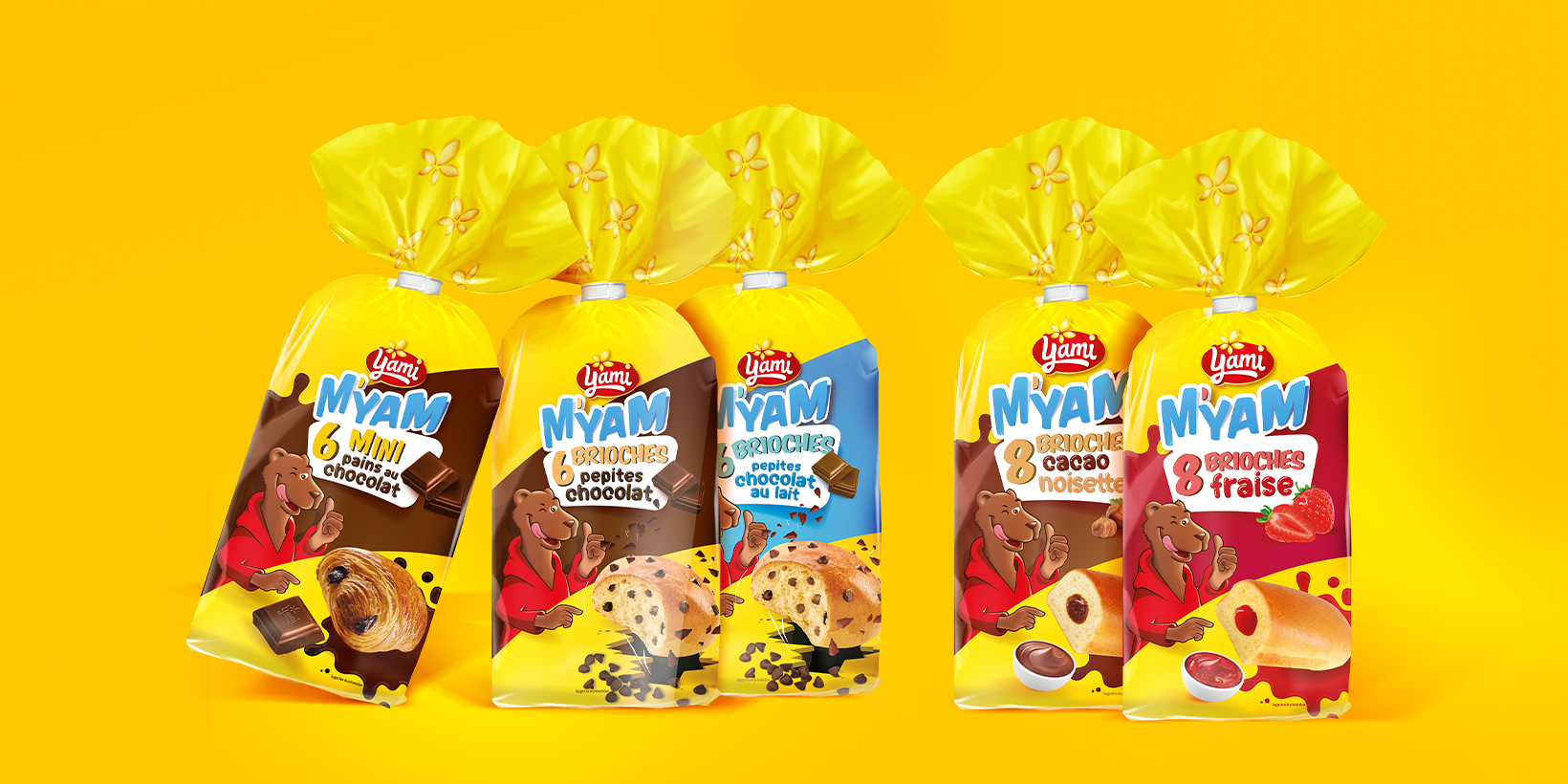 Gamme de packagings Yami, gamme Myam, viennoiseries pour enfants, sur fond jaune
