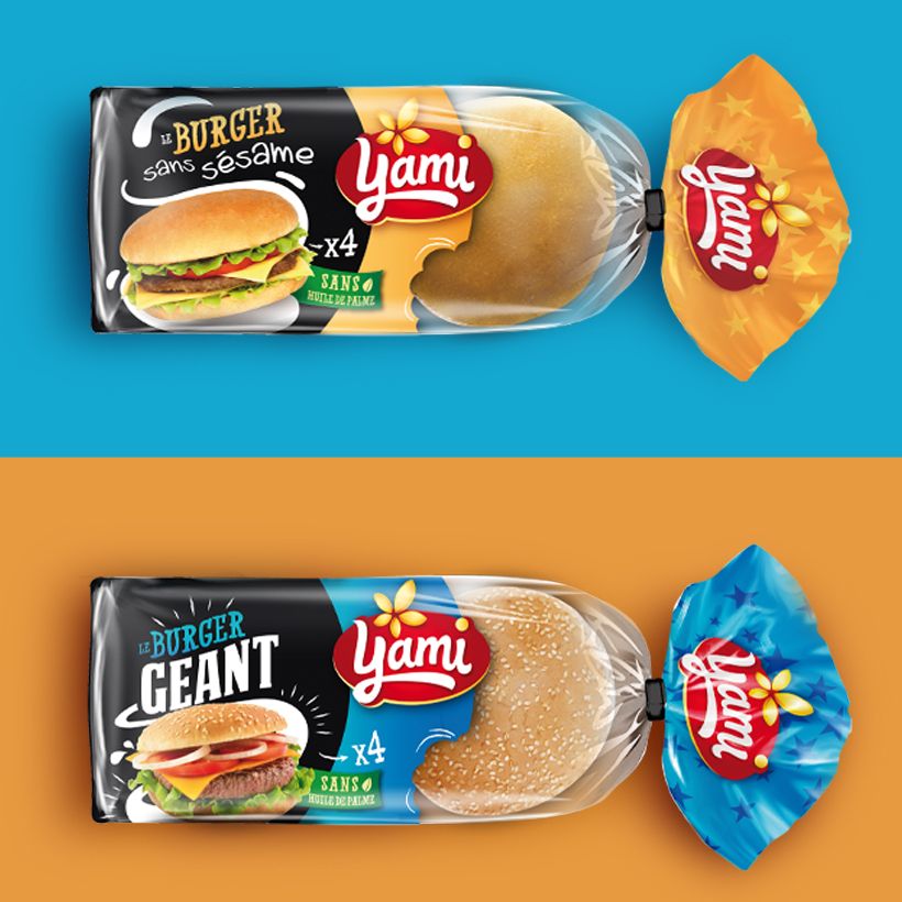 Gamme de deux packagings Yami, burger et burger géant, sur fond bleu et fond orange