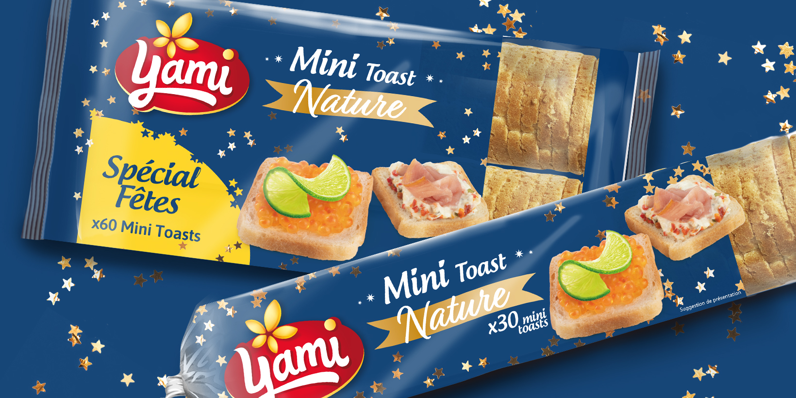 Packaging Yami, toasts festifs nature, sur fond bleu foncé avec étoiles dorées