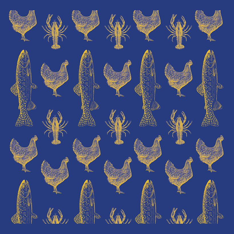 Éléments graphiques Nolo Frères, gravures d’animaux, en jaune sur fond bleu foncé