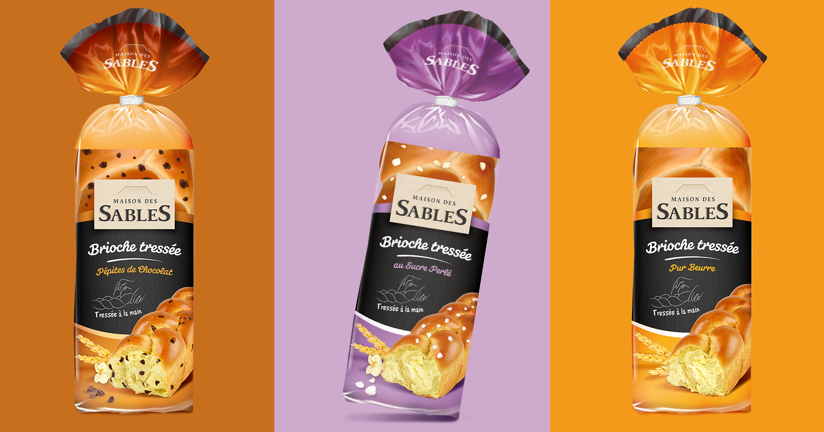 Gamme de trois packagings Maison des sables, brioches, sur fond brun, violet et orange