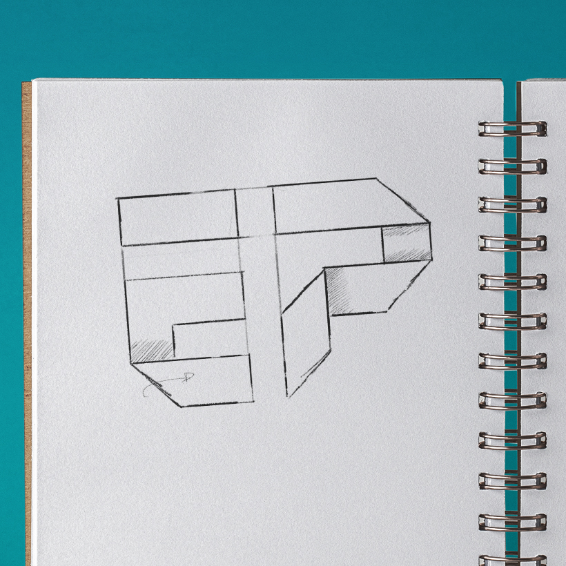 Esquisse logo Émeraude Participations, au crayon à papier, sur un carnet à spirales, fond bleu turquoise