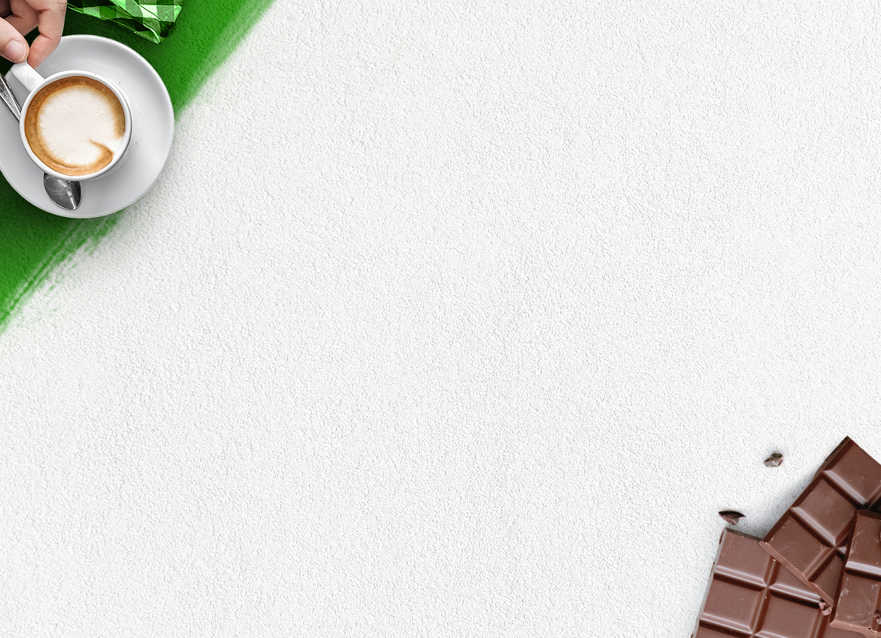 Illustration d’ambiance Gavottes Cœur Locamaria, avec des tablettes de chocolat, une tasse à café et une serviette en tissu à carreaux verts