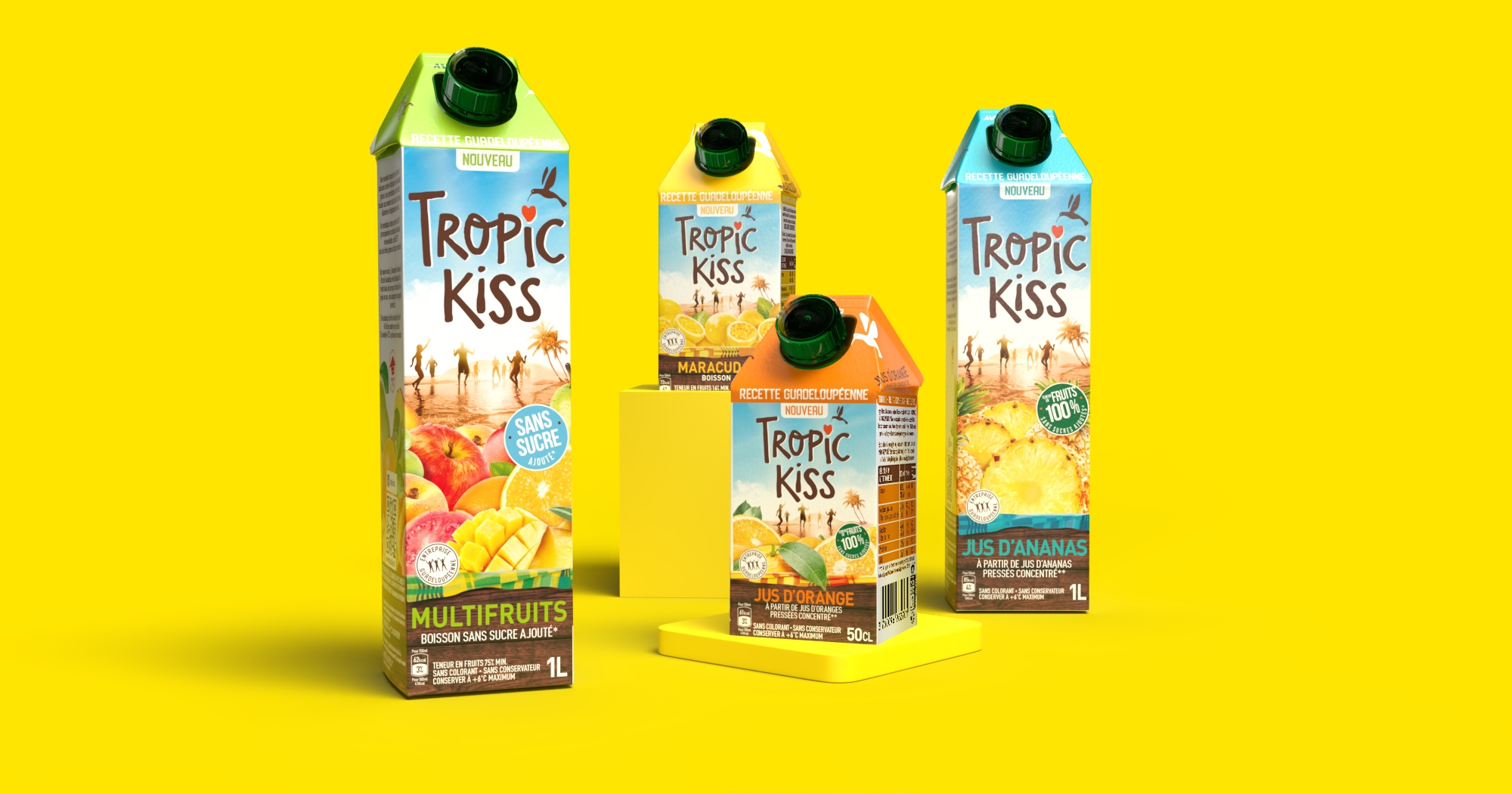 Gamme de packaging Tropick Kiss, vue de face, fond jaune, petites et grandes briques de jus de fruits