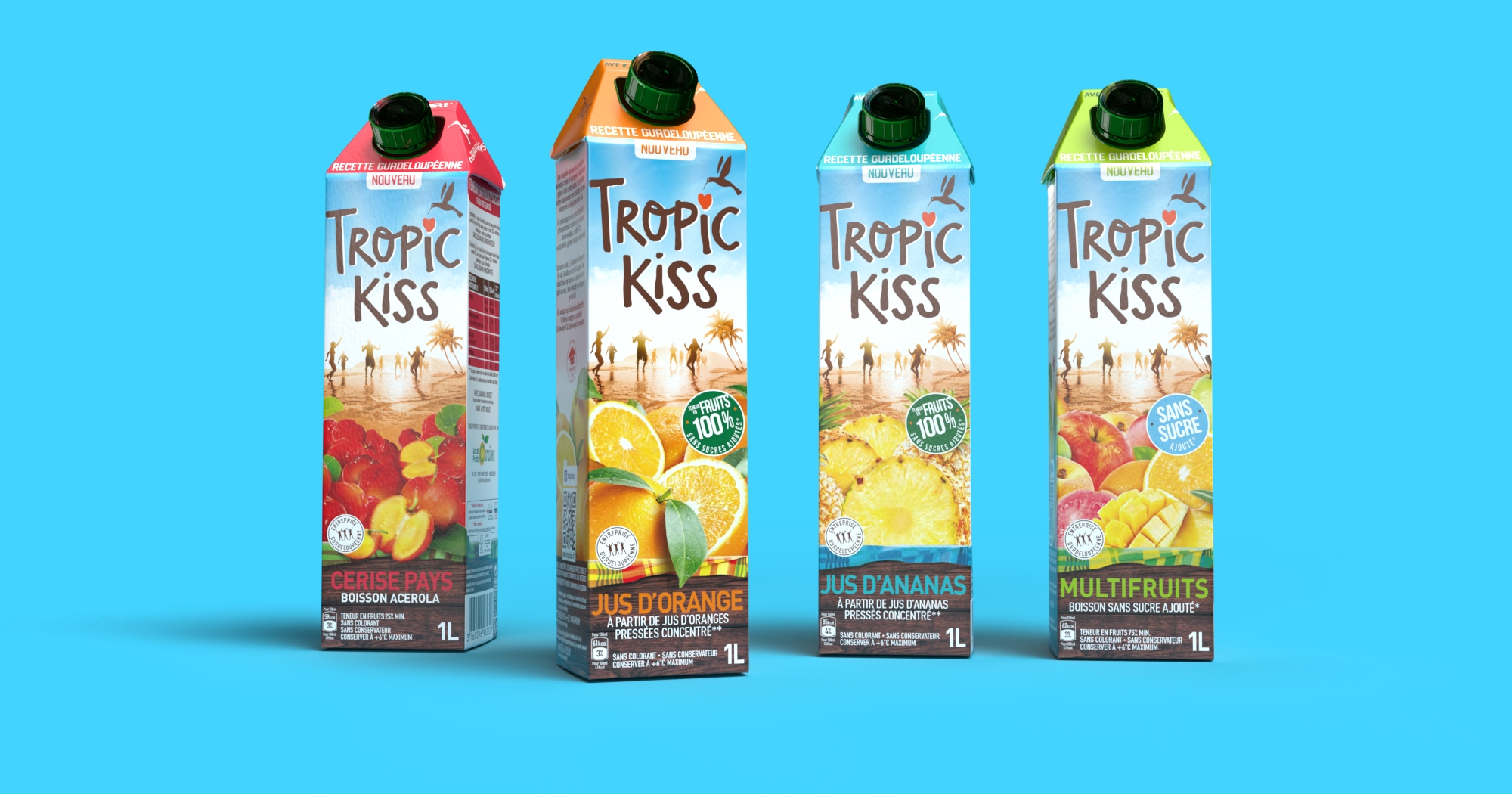 Gamme de packagings Tropic Kiss, quatre briques de jus de fruits, vue de face, sur fond bleu