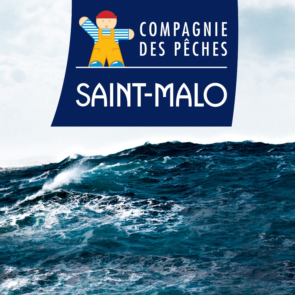 Logo Compagnie des pêches Saint Malo, arrière plan maritime