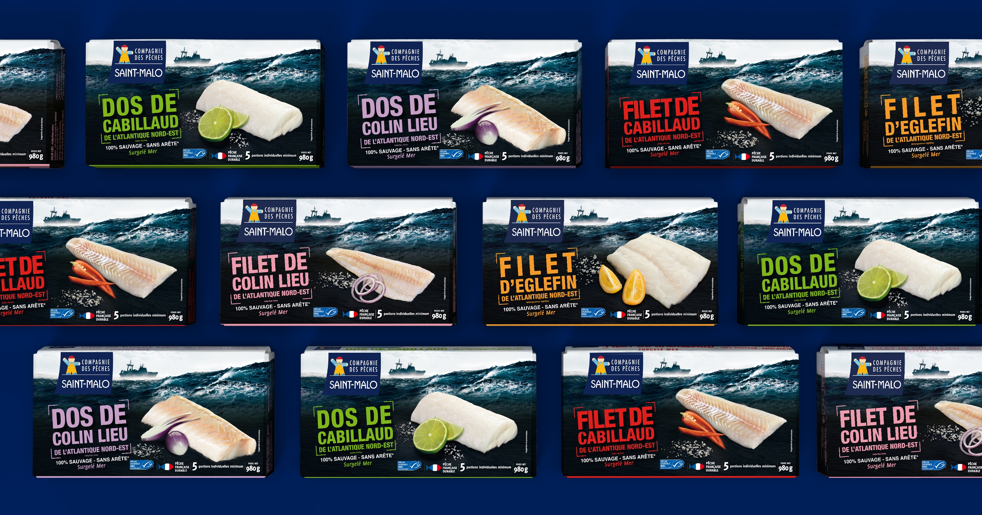 Gamme de packagings Compagnie des pêches Saint Malo, sur fond bleu, vue de face