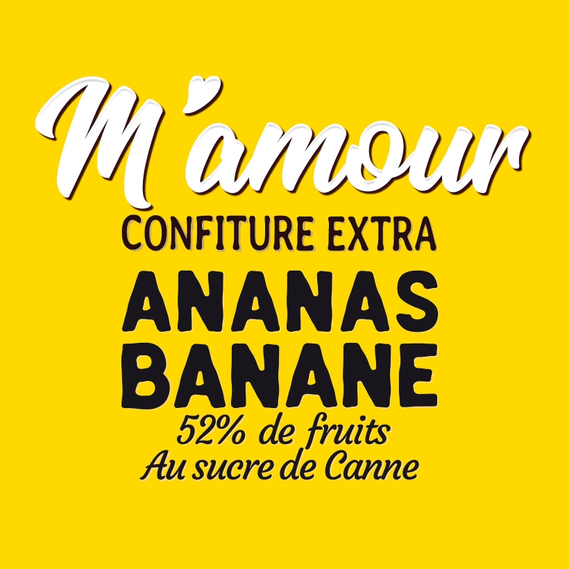 Dénomination produit M’Amour Guy Lesueur, confiture ananas banane sur fond jaune