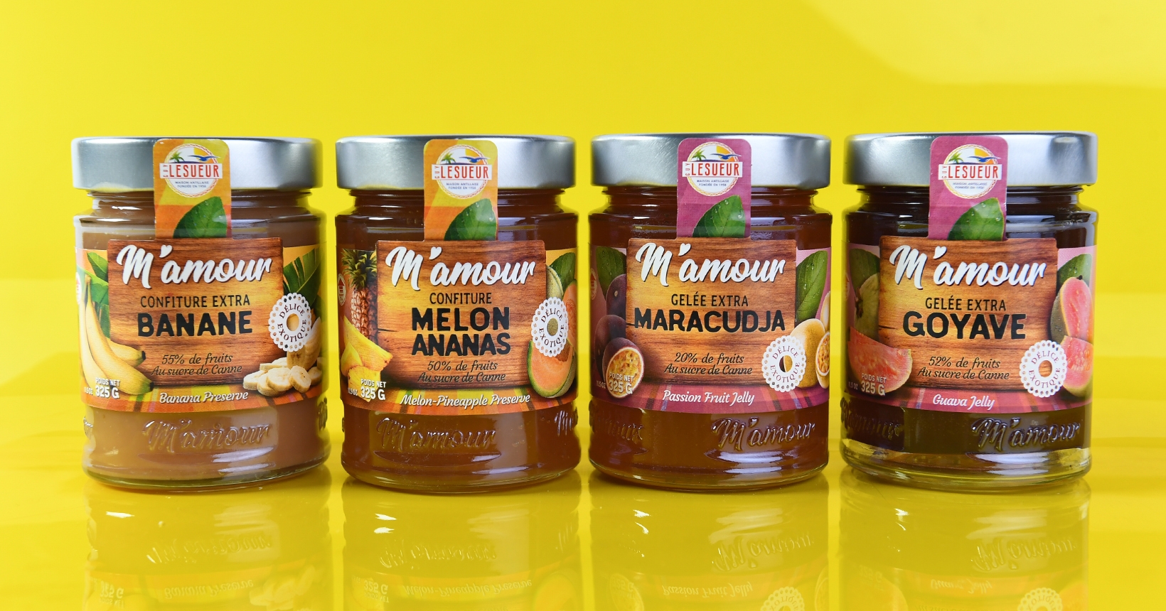 Gamme de packagings M’Amour Guy Lesueur, quatre confitures sur fond jaune, vue de face