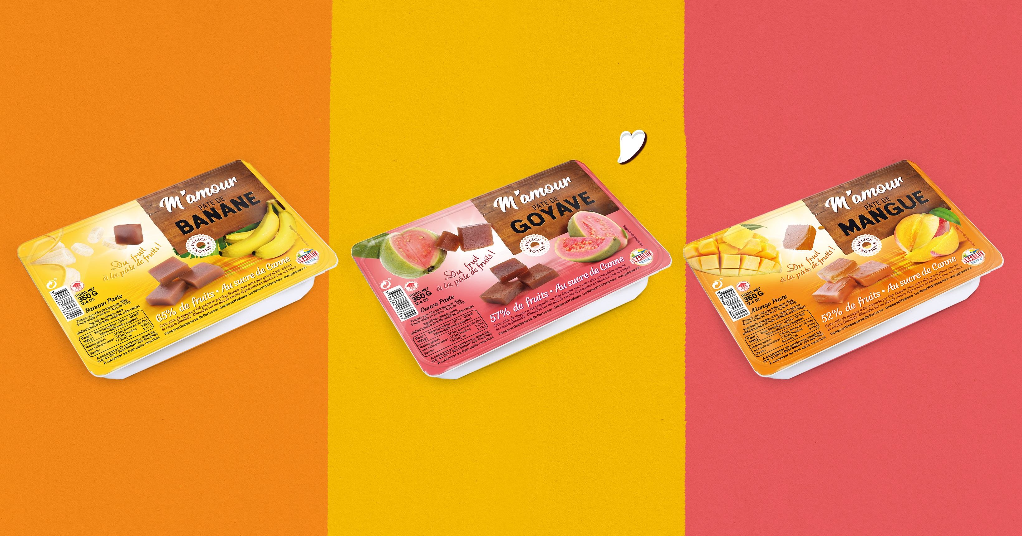 Gamme de packagings M’Amour Guy Lesueur, pâte de fruits, banane, goyave, mangue, sur fond coloré