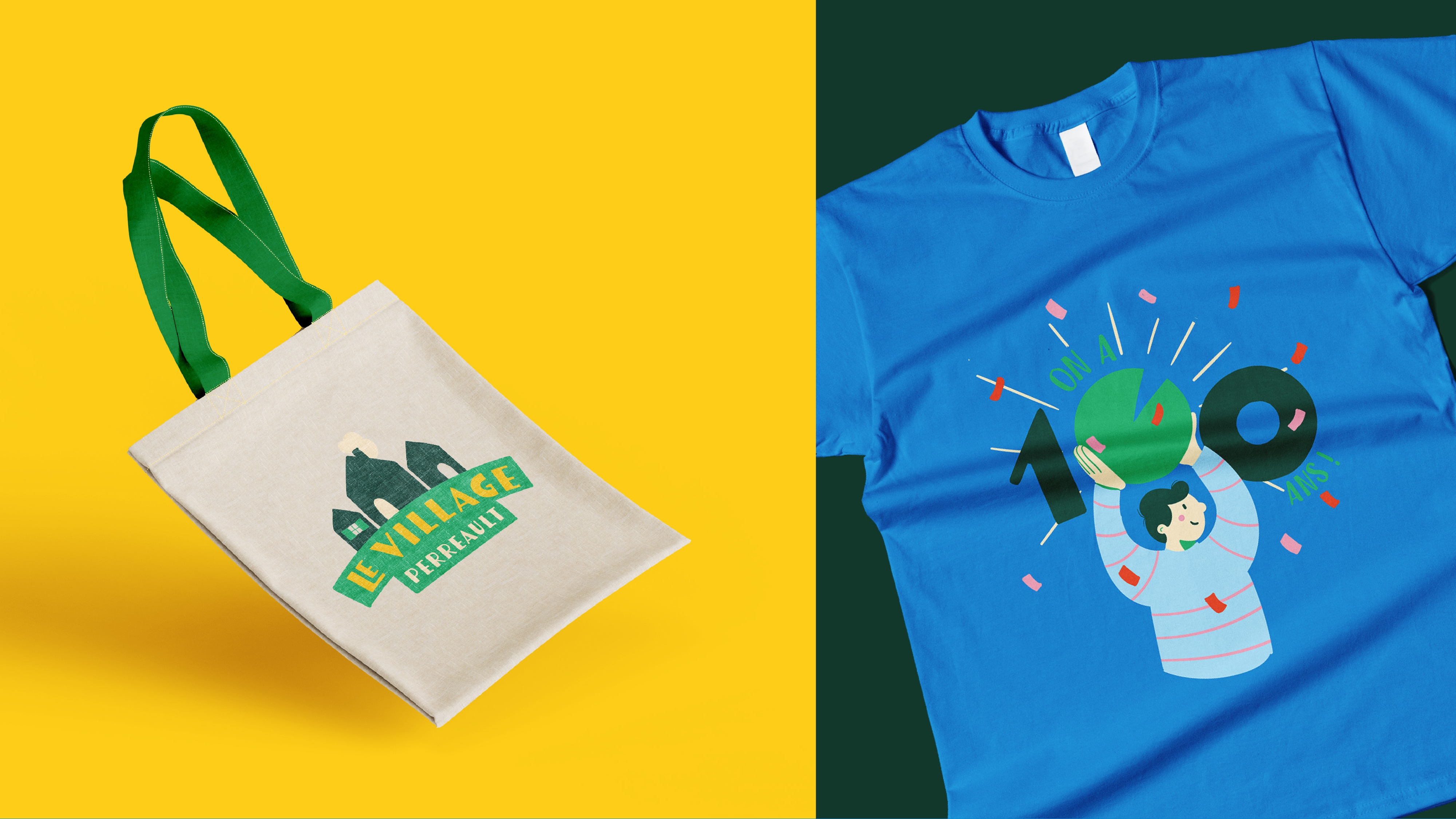 À gauche, le tote bag à l’effigie de l’évènement, sur fond jaune, à droite un T shirt bleu ”100 ans” sur fond vert foncé