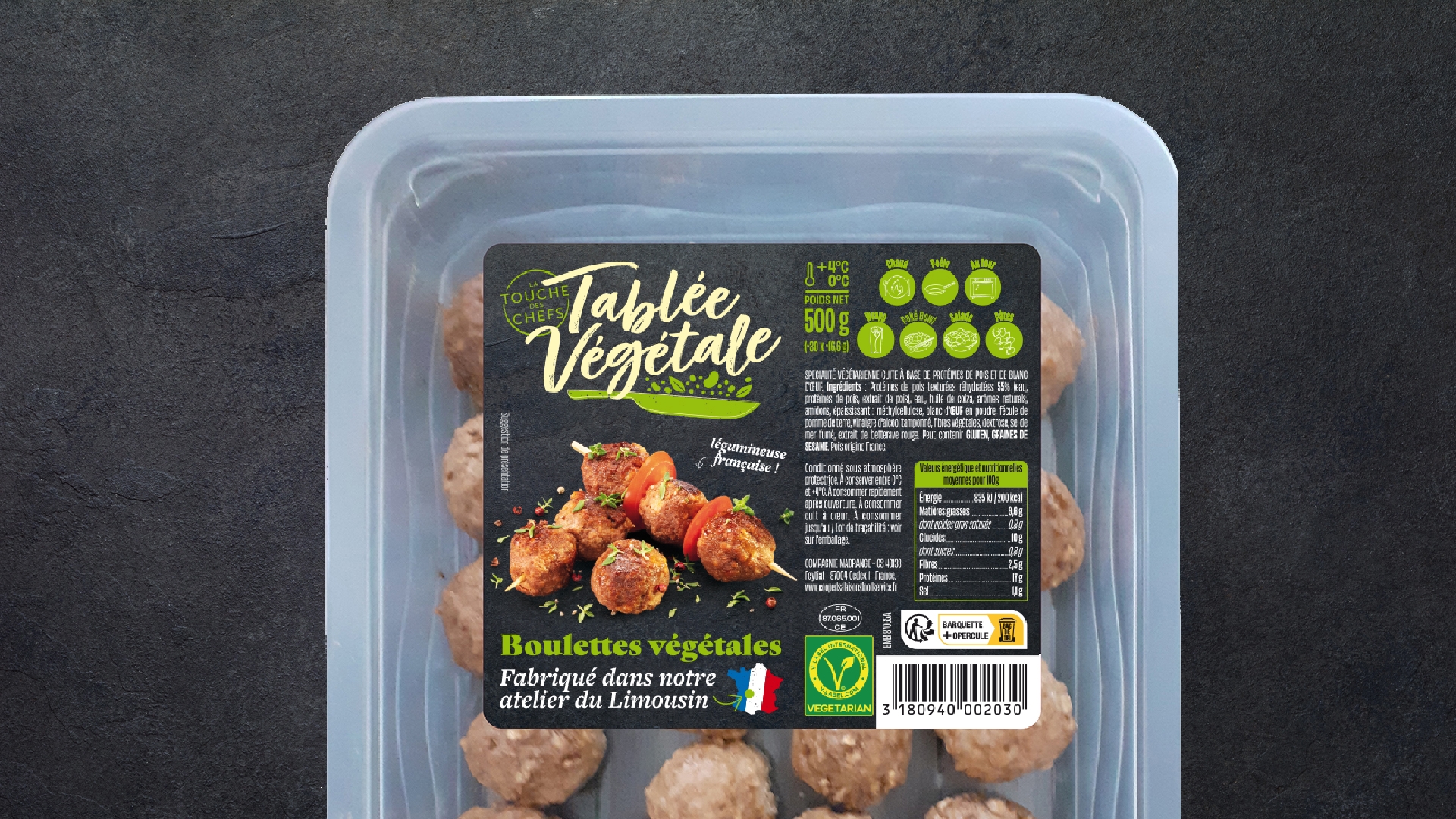 Zoom sur l’étiquette entière des Boulettes Végétales 
