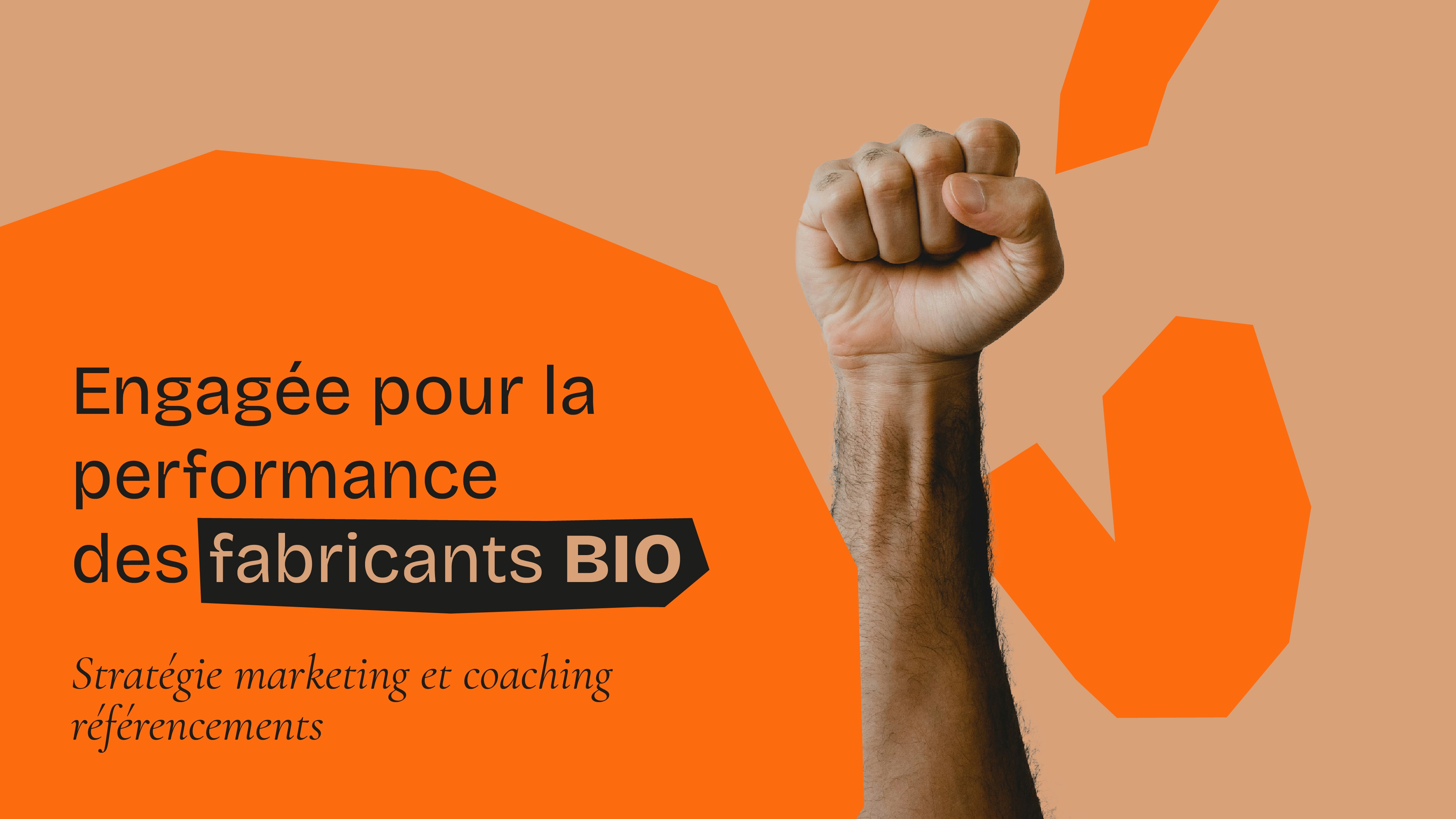Texte ”Engagée pour la performance des fabricants BIO, Stratégie marketing et coaching référencements” écrit en noir sur fond orange avec un point levé et un motifs de formes découpées